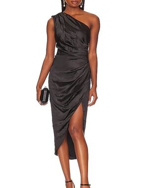 ELLIATT Cassini Dress Black One-Shoulder Draped Satin Gown Size Large